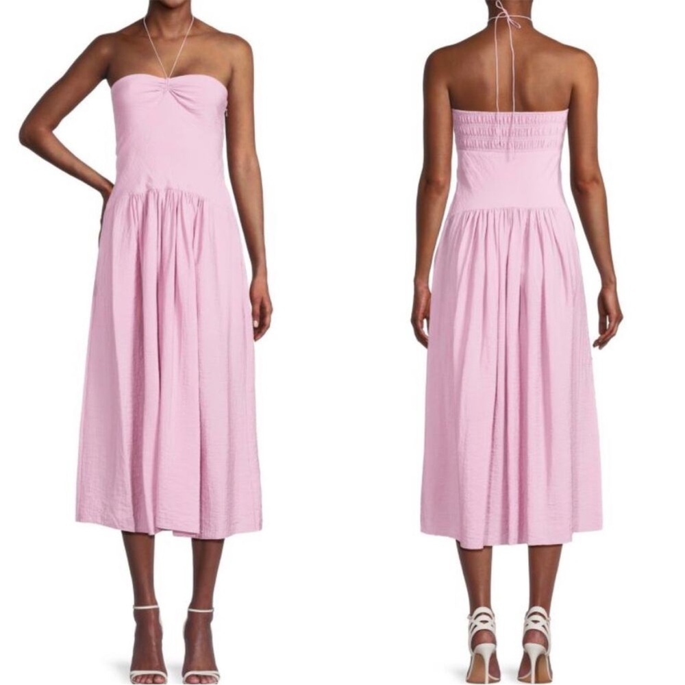 NWT $445 Vince Ruched Sweetheart Halter Neck Midi Dress in Petal Nectar Sz Large